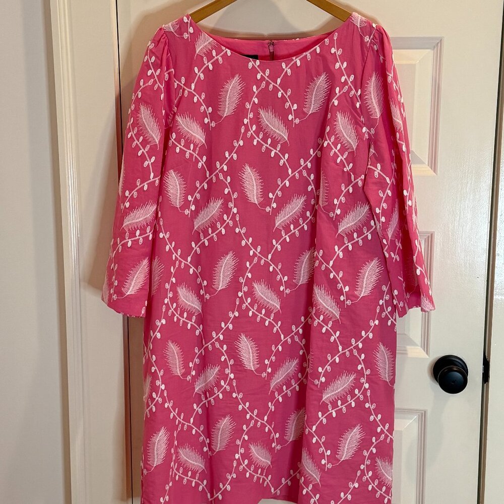 Pink and White embroidered Shift Dress with 3/4 Sleeves  - size 16